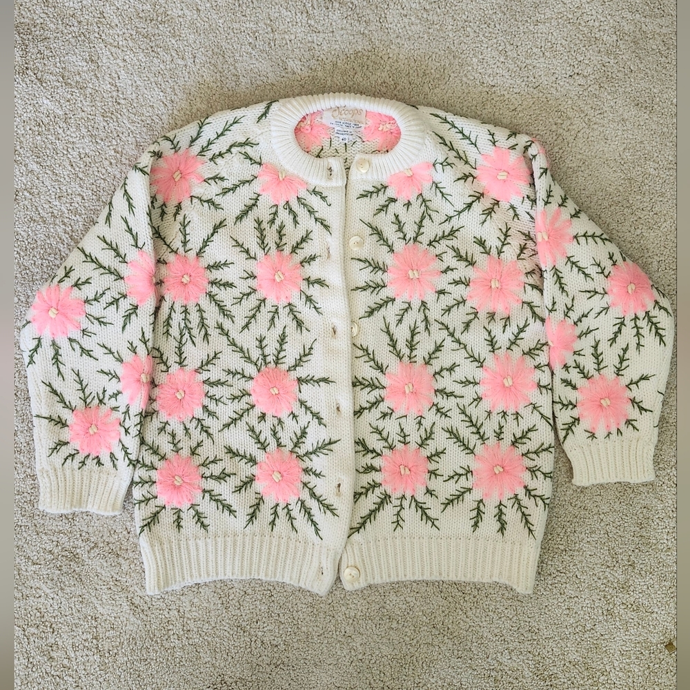 Vintage Cream & Pink Floral Cardigan Japan Rare